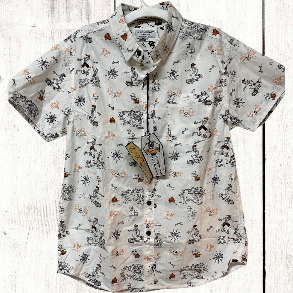 Eighth Avenue men’s Halloween Button Up Shirt small novelty spooky skeleton